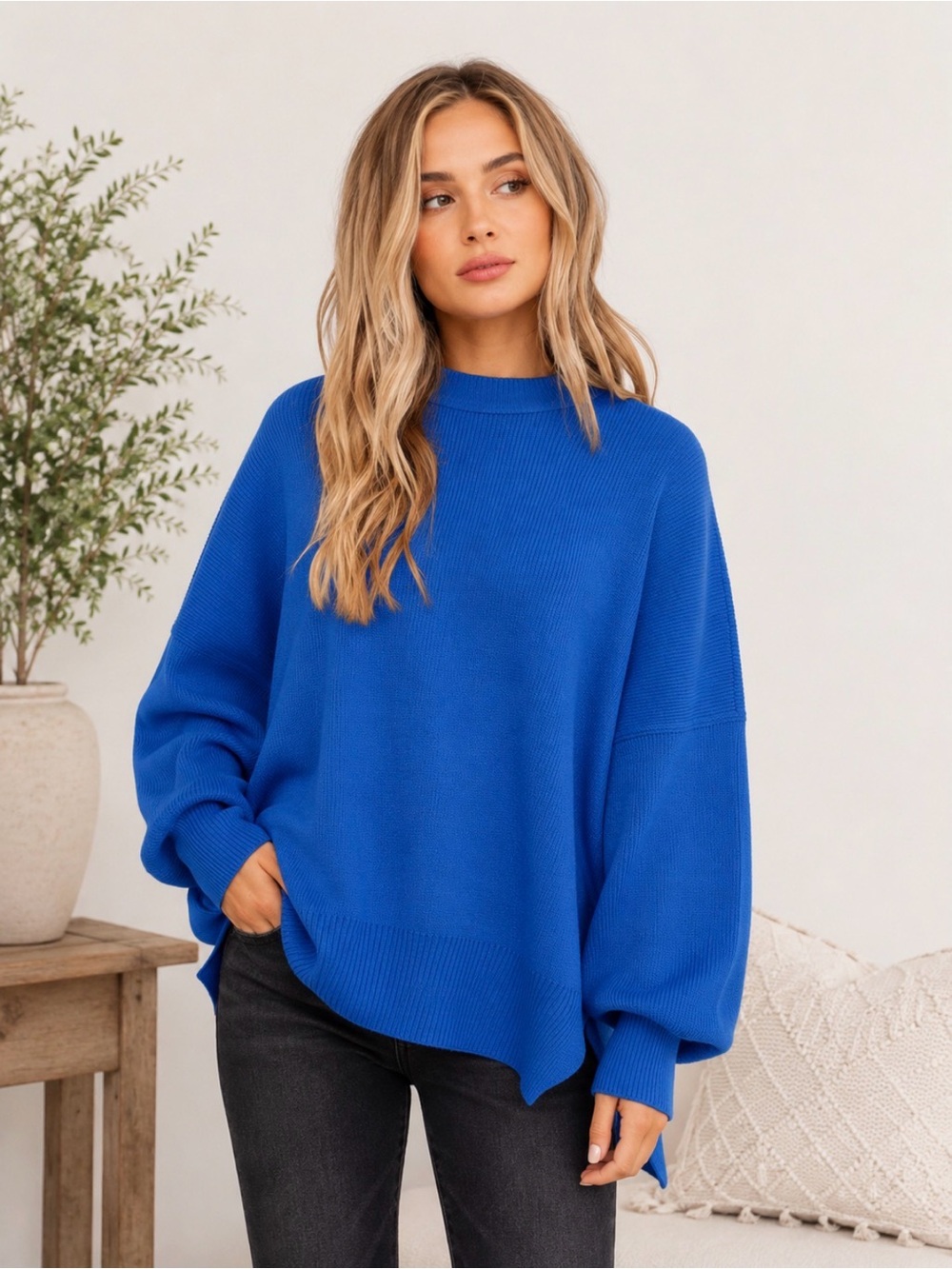 LILLUSORY Blue Oversized Batwing‎ Sweater S NWT Soft Slouchy Cozy Quiet Luxury